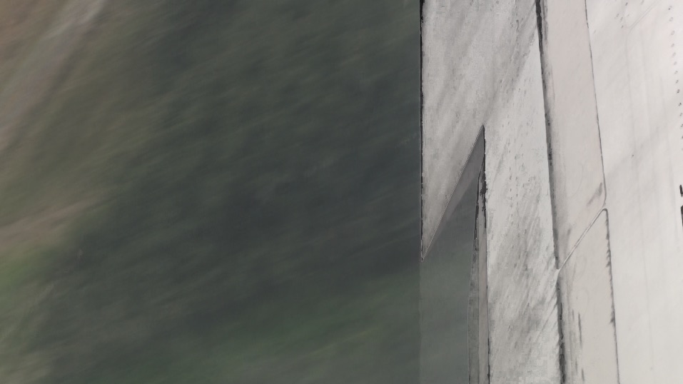 Qiming Liu, Fly, 2009: film still 3, with the landing sequence transformed into blurred diagonal bands.