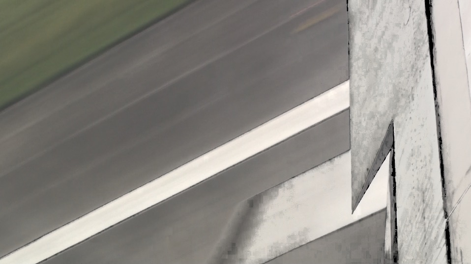 Qiming Liu, Fly, 2009: film still 6, with the landing sequence transformed into blurred diagonal bands.