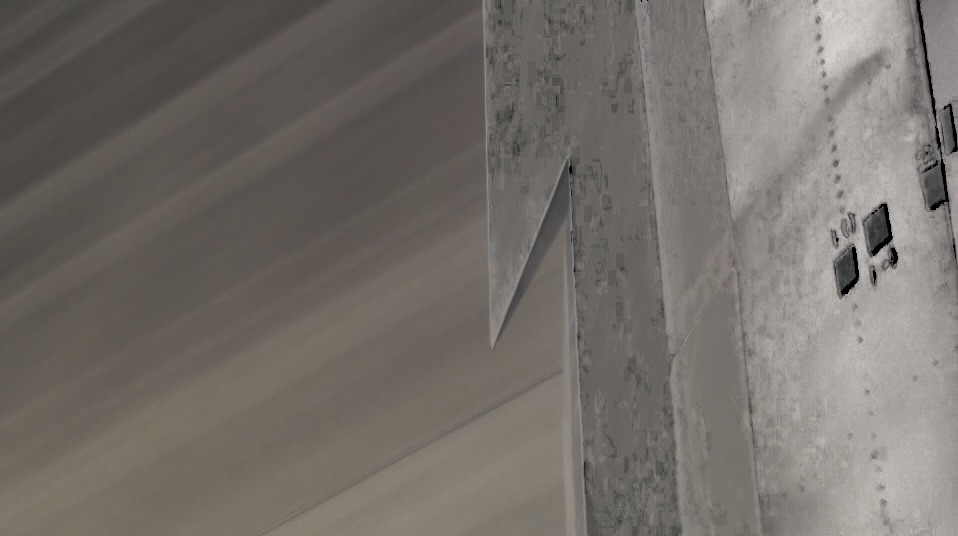 Qiming Liu, Fly, 2009: film still 7, with the landing sequence transformed into blurred diagonal bands.
