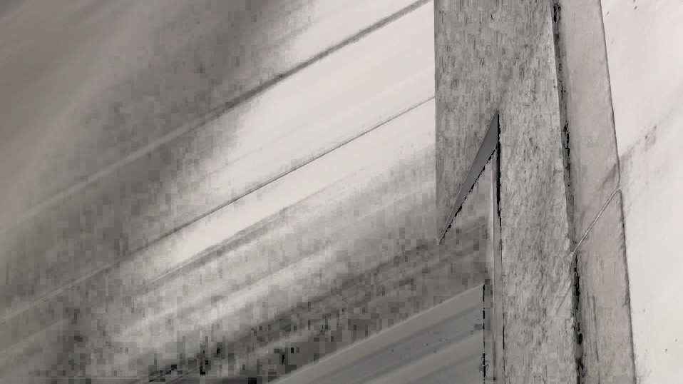 Qiming Liu, Fly, 2009: film still 8, with the landing sequence transformed into blurred diagonal bands.
