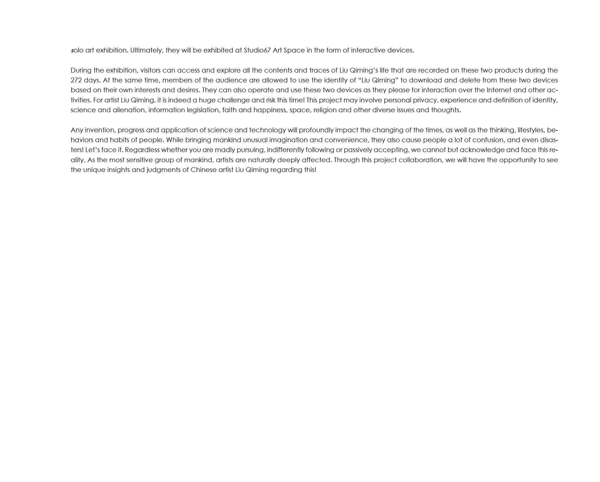 I Give You My 272 Days and Nights: supplied project documentation.